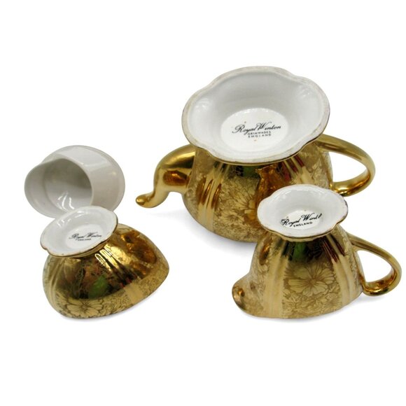 ROYAL WINTON Grimwades Gold Teapot Creamer and Sugar Bowl with Floral Design VTG - Picture 10 of 10